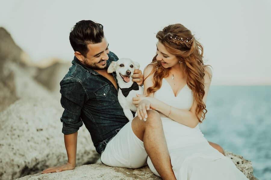 Bride and groom celebrating at a dog friendly beach wedding with their dog in a bow tie, captured at a scenic dog friendly venue by the ocean. Perfect example of a joyful moment at a dog friendly beach in Australia.