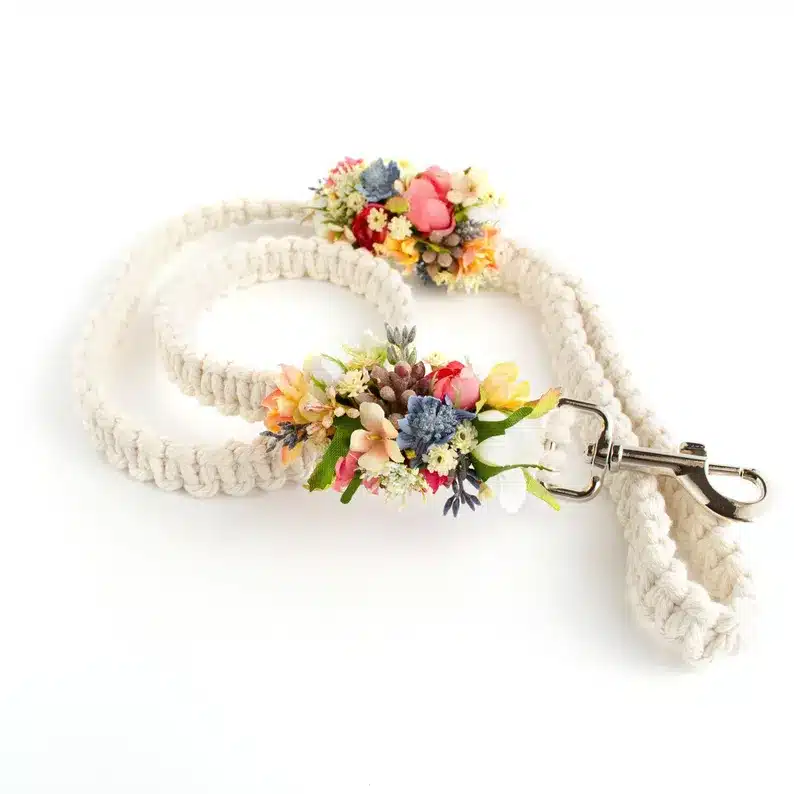 Cream macrame dog collar and lead with faux flower corsage on collar and at the top of the lead