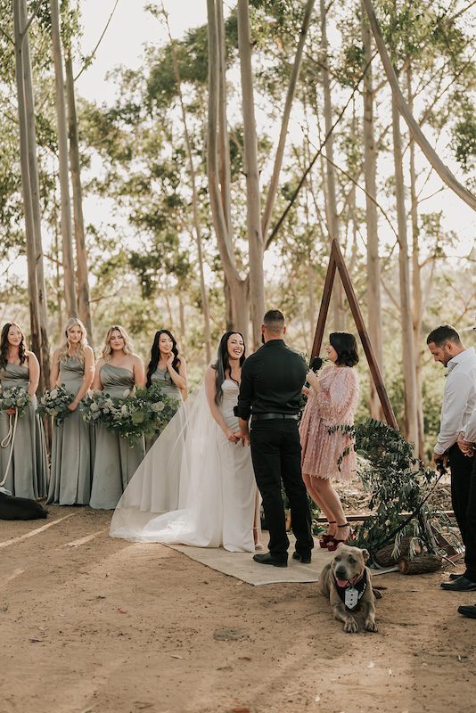 Mandy-and-Alex-at-their-outdoor-wedding-ceremony-with-their-bridal-party-and-pet-dog