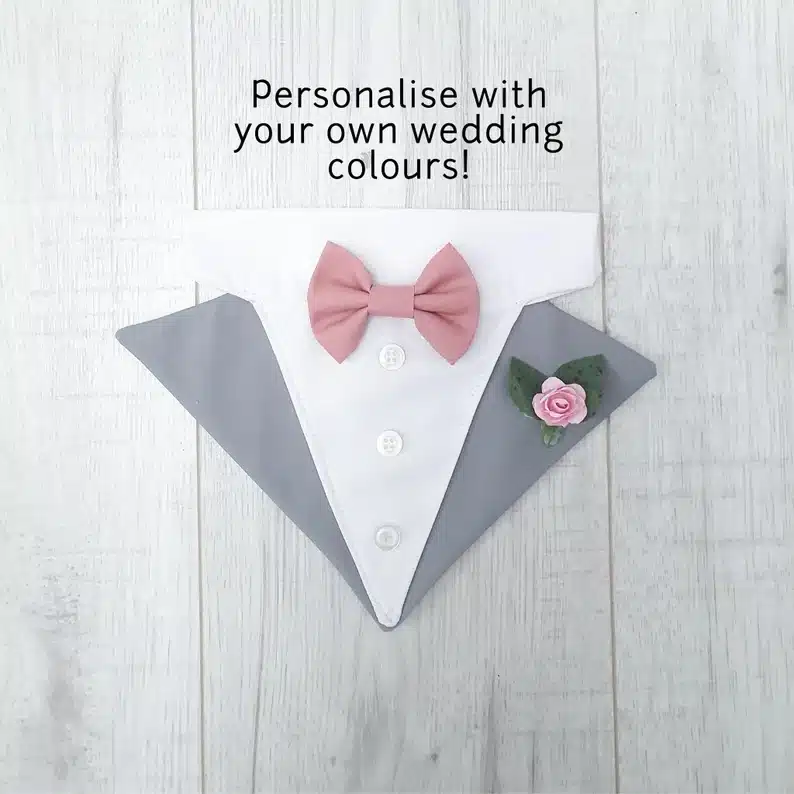 Personalised grey and white cat or dog wedding vest with pink bowtie from Etsy