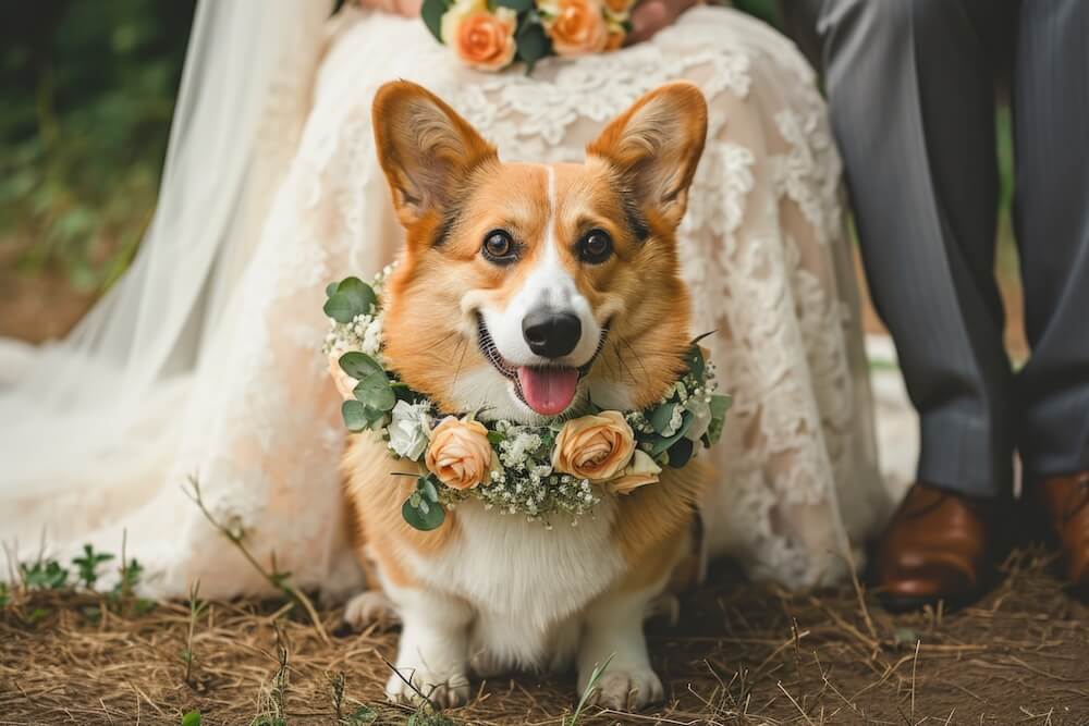 Pet corgi with floral dog collar sitting in front of bride and groom