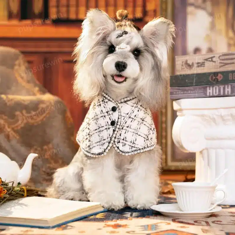 Small white fluffy dog wearing an elegant black and white tweed capelet, sitting at a vintage-style tea setting with books and teacup, looking happy and well-dressed for a formal occasion