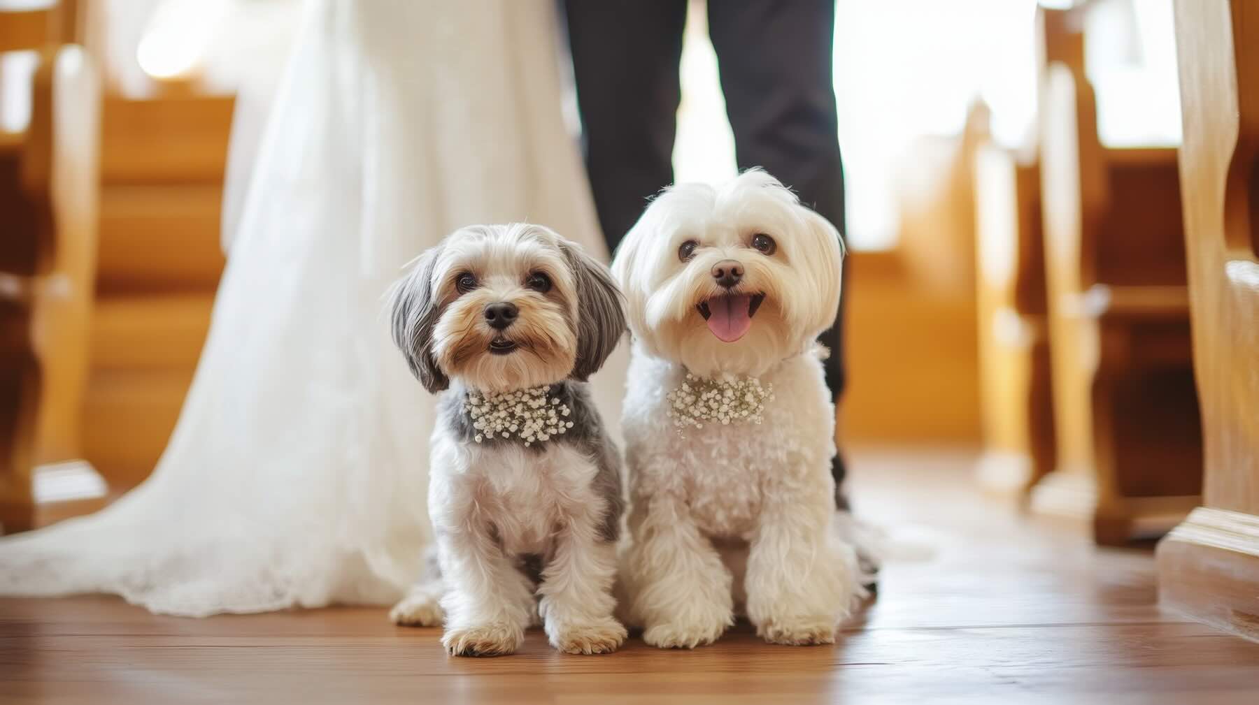 Terrier dressed in dog tuxedo with bride on wedding day