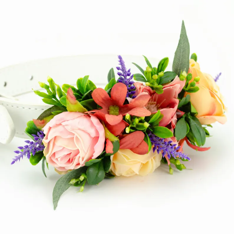 White dog collar with bright faux floral corsage for weddings